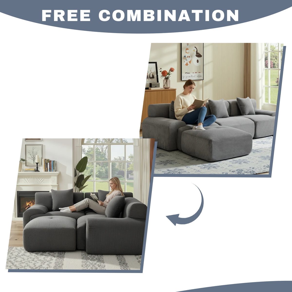 108''Free Combination Modular Sectional Sofa, Corduroy L‑Shape Chaise Lounge Sofa with Ottoman for Home Living Room