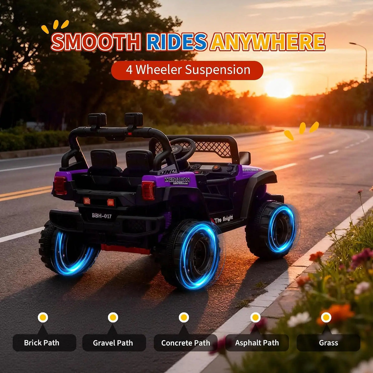 12V Purple Kids Ride‑On Jeep SUV Truck, Electric Toy Car with 7AH Battery, 2×550# Motors, Pre‑Paired Remote Control, Plastic Seat Wheels, US Full‑Environment‑Friendly for Children Gift