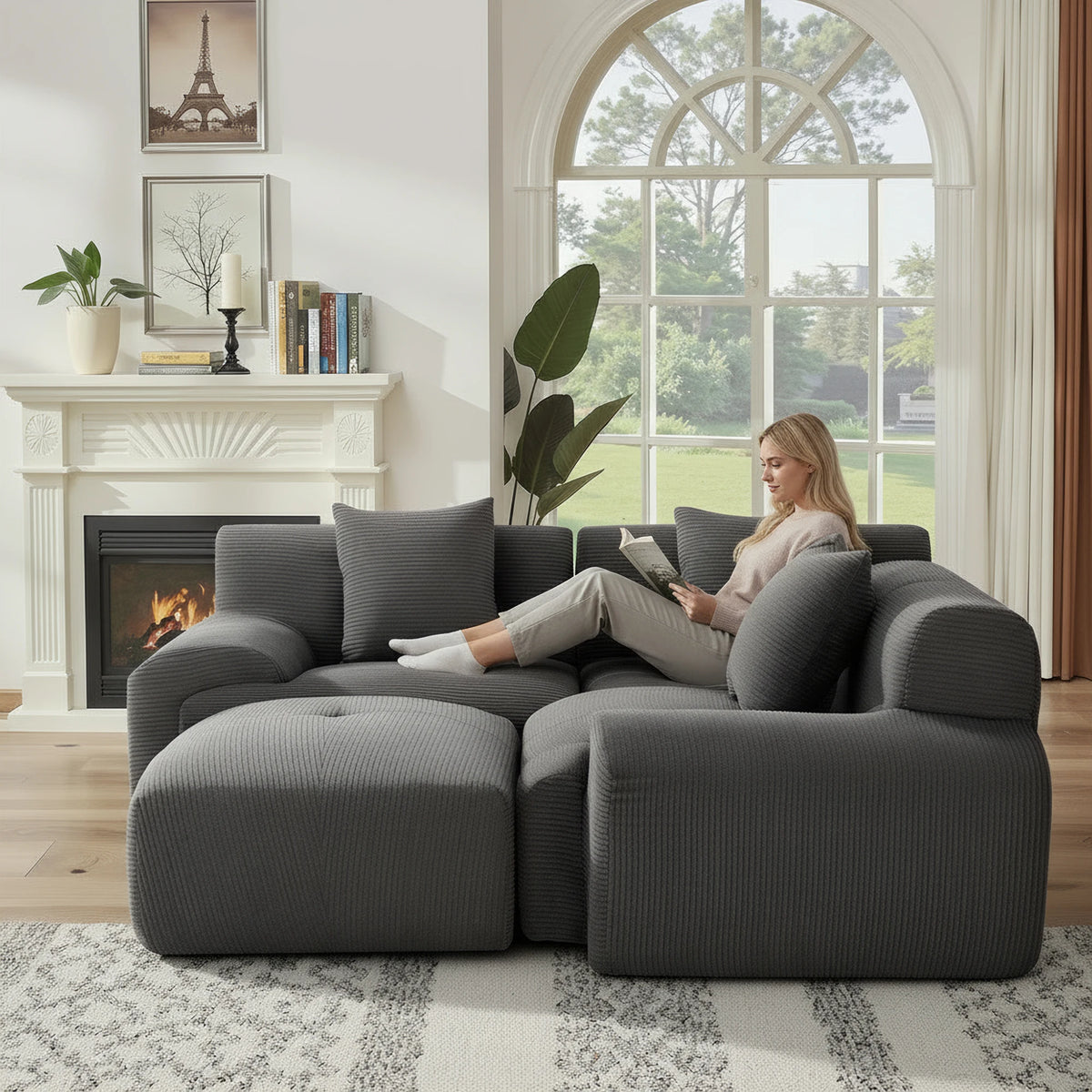 108''Free Combination Modular Sectional Sofa, Corduroy L‑Shape Chaise Lounge Sofa with Ottoman for Home Living Room