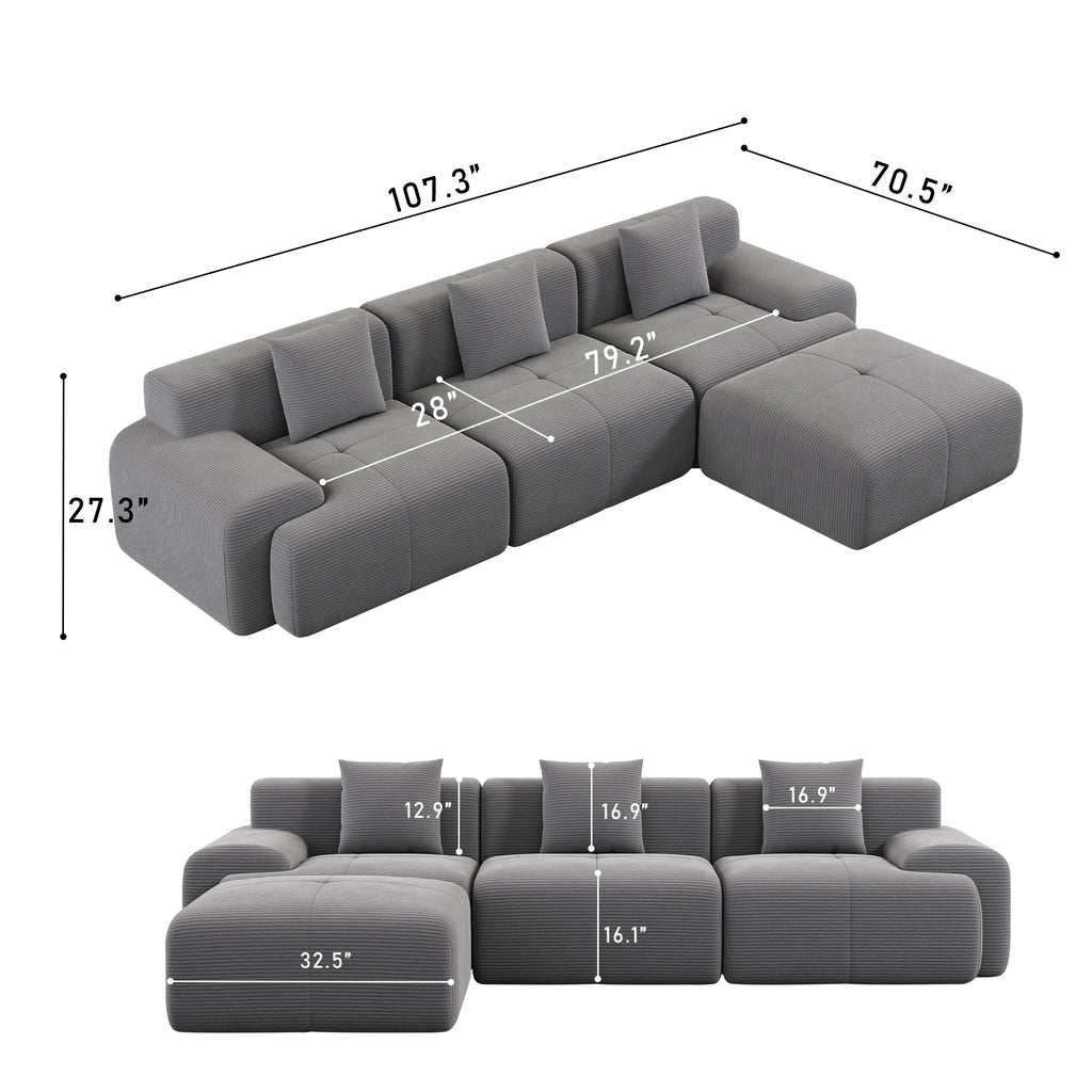 108''Free Combination Modular Sectional Sofa, Corduroy L‑Shape Chaise Lounge Sofa with Ottoman for Home Living Room