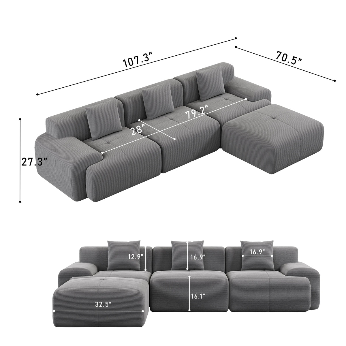 108''Free Combination Modular Sectional Sofa, Corduroy L‑Shape Chaise Lounge Sofa with Ottoman for Home Living Room