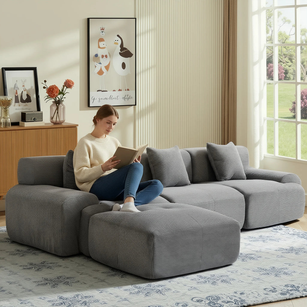 108''Free Combination Modular Sectional Sofa, Corduroy L‑Shape Chaise Lounge Sofa with Ottoman for Home Living Room