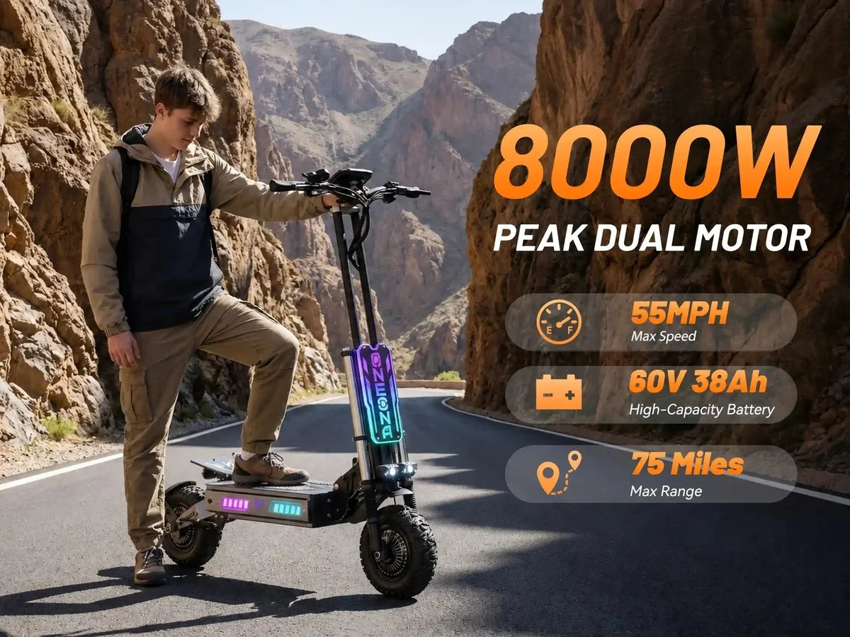 ONECNA T99 8000W Dual Motor Adult Off‑Road Electric Scooter, 60V 38Ah Battery, 55MPH Max Speed, 75 Miles Long Range, All‑Terrain 13" Tires, NFC Card & App Control, Dual Front Rear Suspension UL2272 Certified