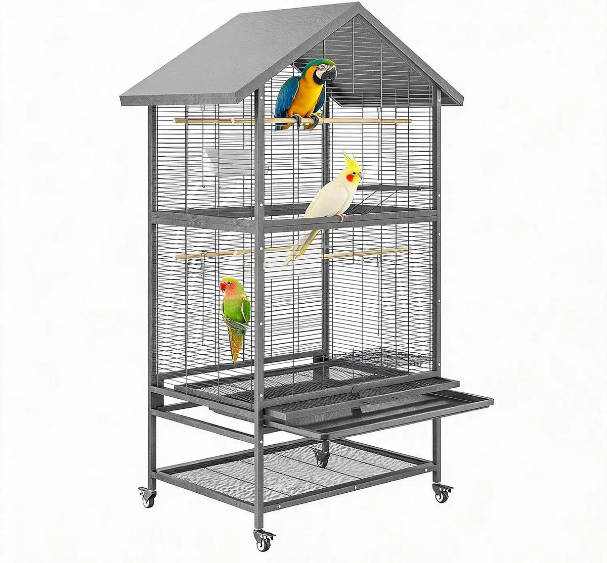 65.7inch Luxury Large Wrought Iron Bird Cage with Rolling Stand, Tray, Feeders, Perches Metal Steel Corner Parrot Canary Aviary Pet House Indoor Outdoor Use
