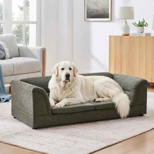 Oversized Pet Sofa Bed for Large Dogs, Olive Green Linen Fabric Dog Couch with Curved Armrests, Raised Minimalist Pet Furniture for Cats & Dogs
