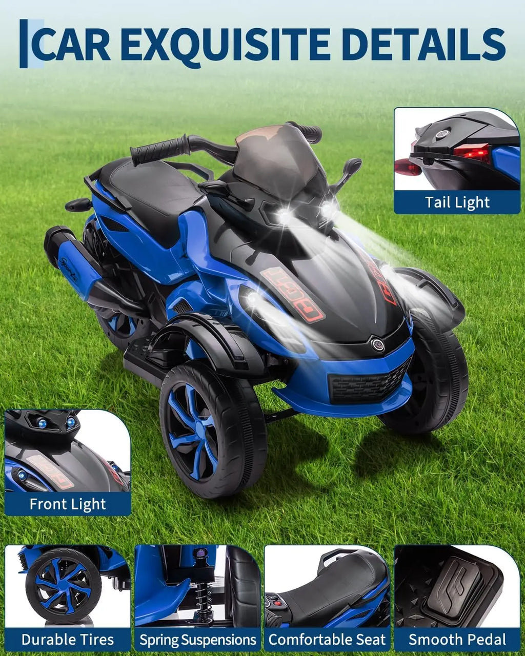 12V Kids Ride On ATV 3 Wheel Electric Motorcycle With LED Lights, Music, Tread Tires, Battery Powered Off Road Toy Ages 3-6