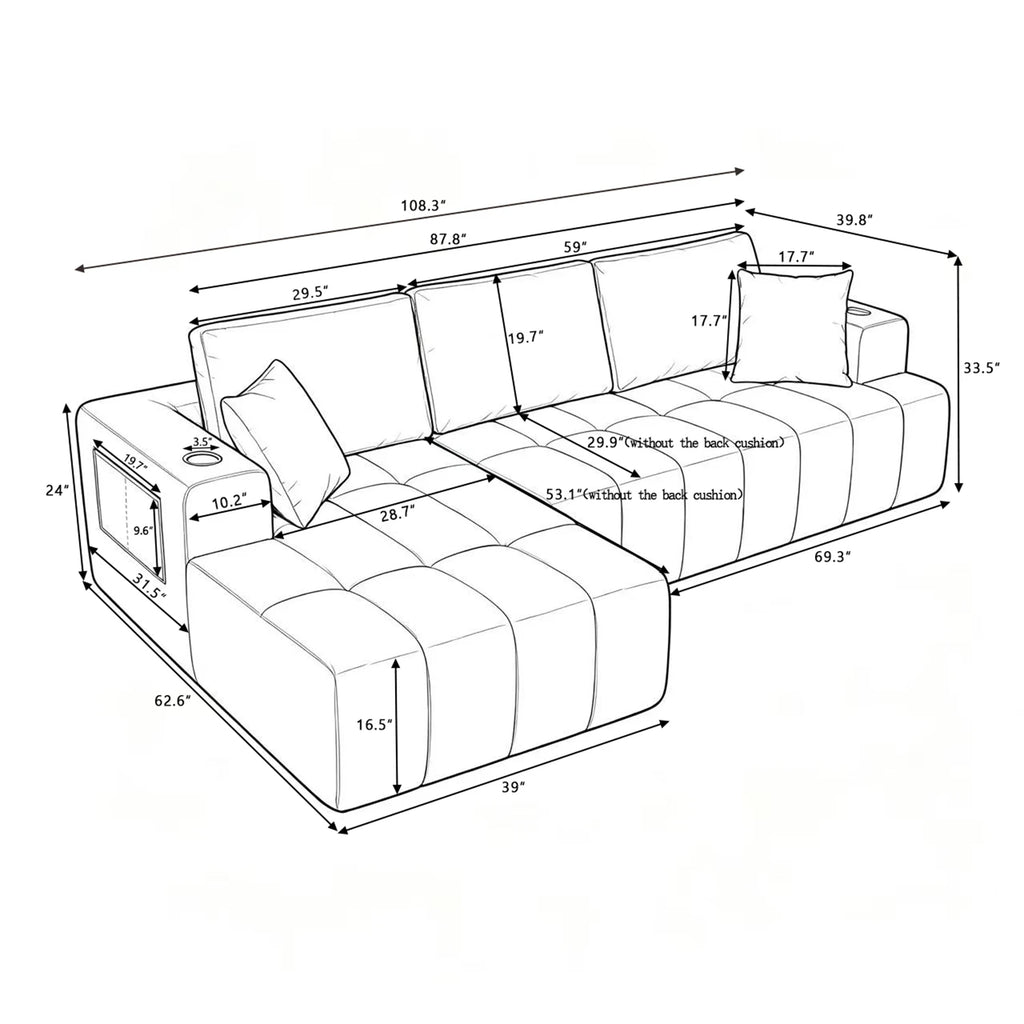 108 Inch L Shaped Boneless Sectional Sofa with Chaise Lounge Cup Holders and Side Storage Pockets Chenille Sofa for Apartment and Home