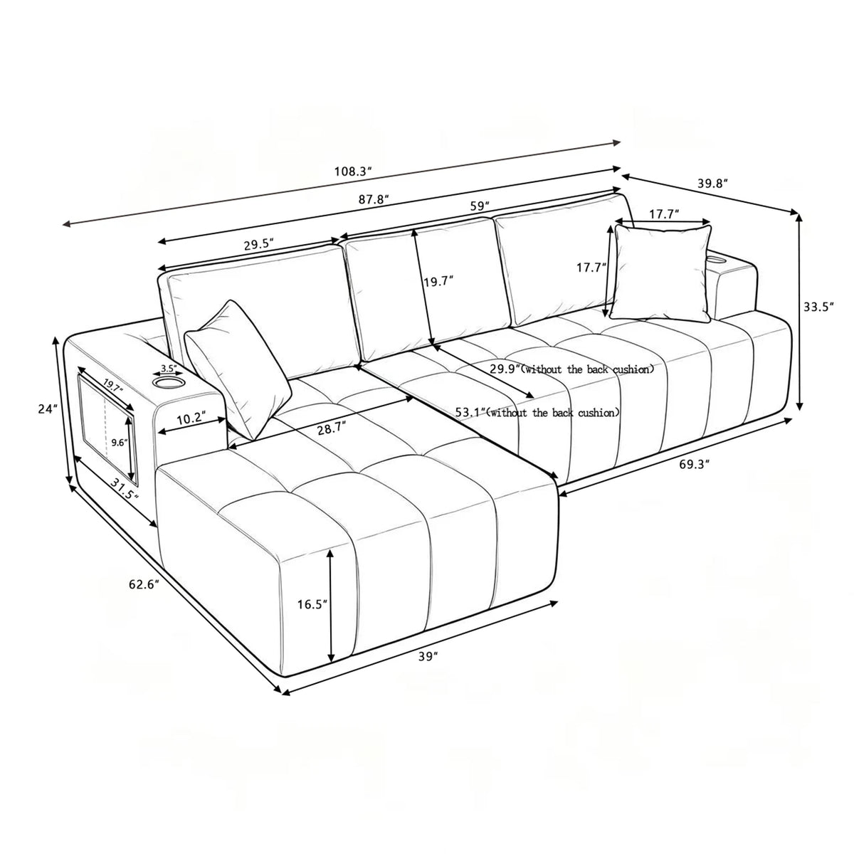 108 Inch L Shaped Boneless Sectional Sofa with Chaise Lounge Cup Holders and Side Storage Pockets Chenille Sofa for Apartment and Home