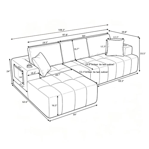 108 Inch L Shaped Boneless Sectional Sofa with Chaise Lounge Cup Holders and Side Storage Pockets Chenille Sofa for Apartment and Home