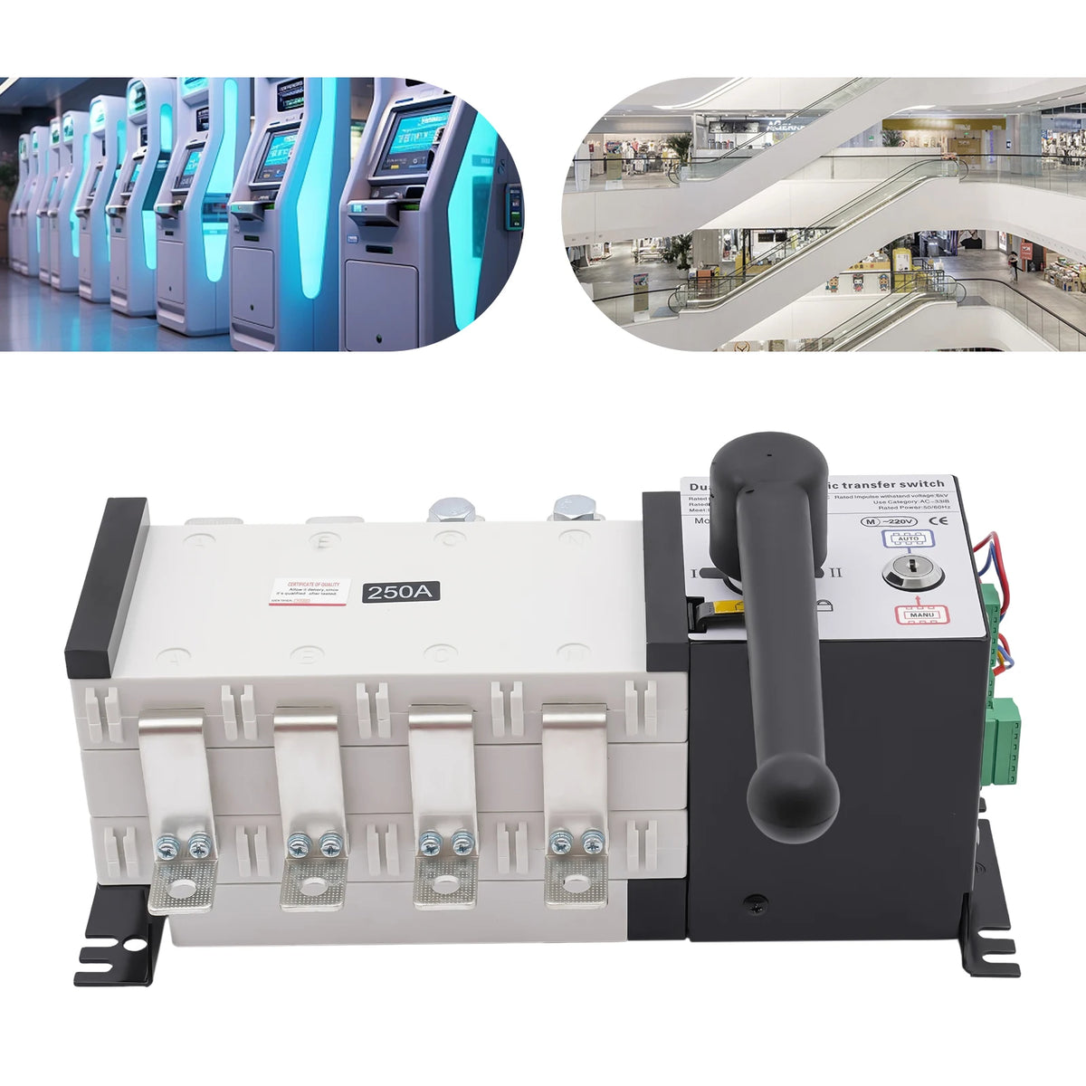 Dual Power Automatic Transfer Switch 250A, 4P ATS With Manual/Auto Adjustment & Flame Retardant Resin, Emergency Power Transfer Switch For Factory