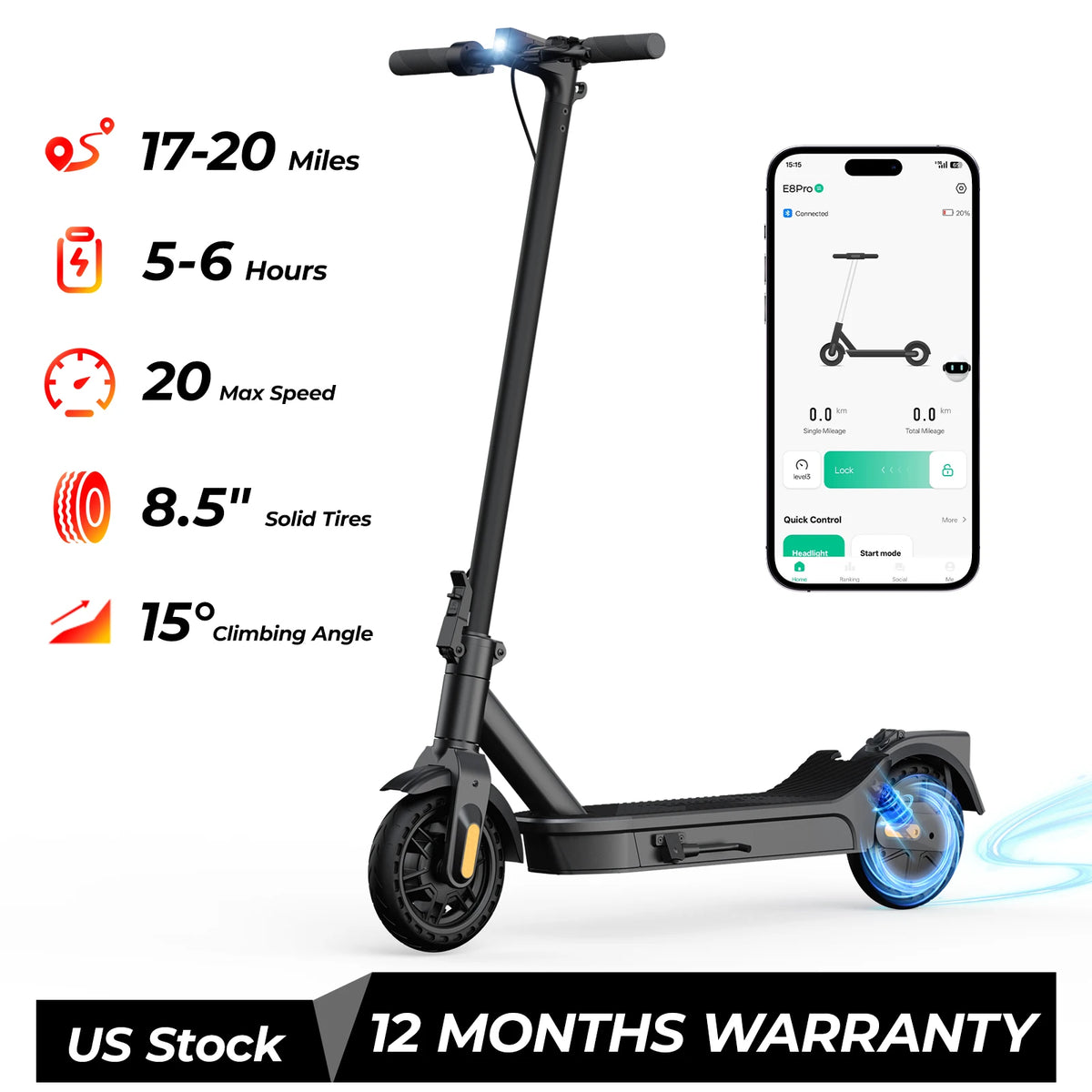 Electric Scooter 500W Motor 20 MPH 20 Mile Max Range 8.5" Foldable E-scooter Dual Suspension APP Control for Adults Commuting