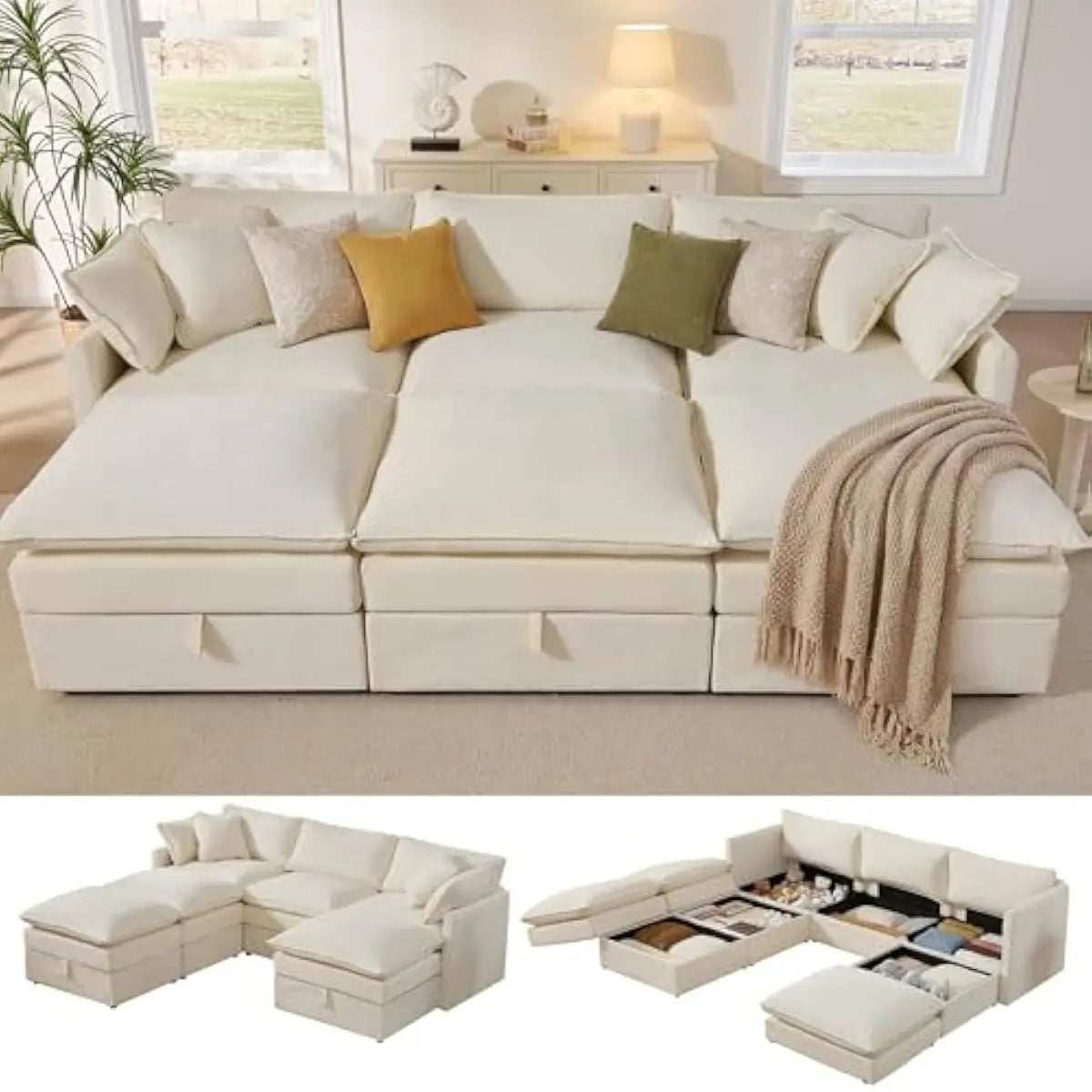 103-inch L-shaped modular sectional sofa with concealed under-seat storage compartments, deep 25-inch chenille seating, dual-lay