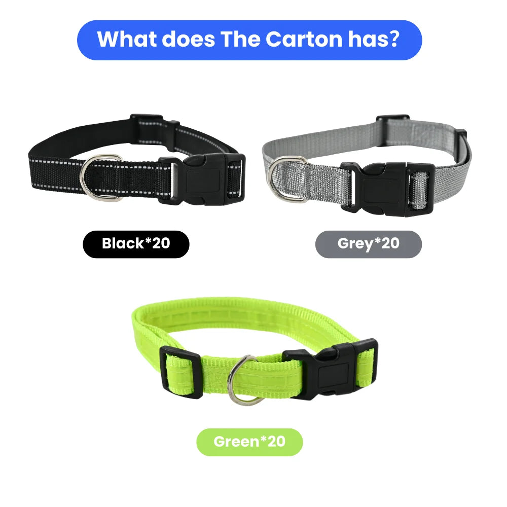 60PCS/Carton Reflective Dog Collars 3 Colors Assorted Adjustable Nylon Pet Collar with Quick Release Buckle for Small Medium Large Dogs