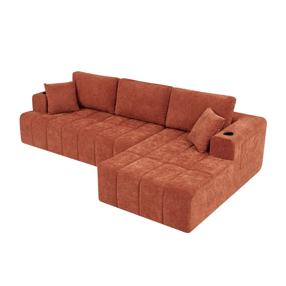 108 Inch L Shaped Boneless Sectional Sofa with Chaise Lounge Cup Holders and Side Storage Pockets Chenille Sofa for Apartment and Home