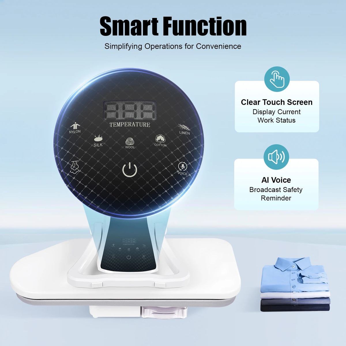1600W Intelligent Steam Press Iron Machine, 26in Large Ironing Area Electric Clothes Iron Press, 5 Fabric Modes Fabric Ironing Press With Touch Screen AI Voice And 1L Water Tank, Overheat Protection For Clothing Shop, Home Us