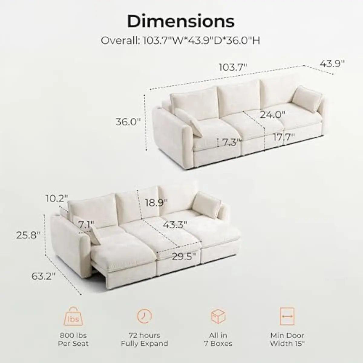 103 Inch Electric Convertible Sofa Bed with One-Touch Remote Control • 3 Adjustable Seating Configurations • 4 Functional Layout