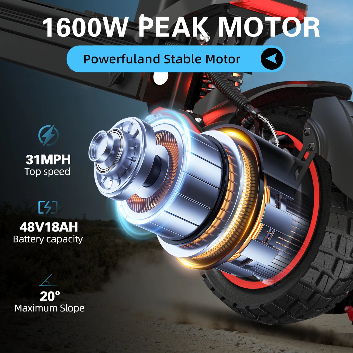 USA/EU/UK/CA 1600W 10'' Off-road Tires Electric Scooter for Adults 48V18Ah Battery 31Miles Range Folding E scooter With Seat