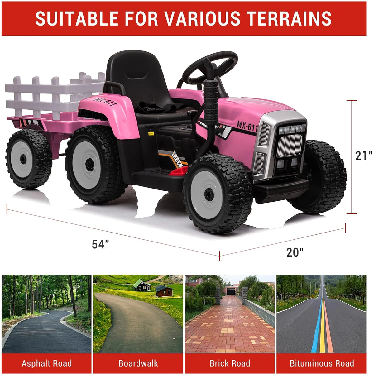 12V Kids Ride On Tractor With Trailer, Parent Remote Control, 35W Motor, EVA Tires, LED Lights, MP3 USB, 5 MPH Electric Car