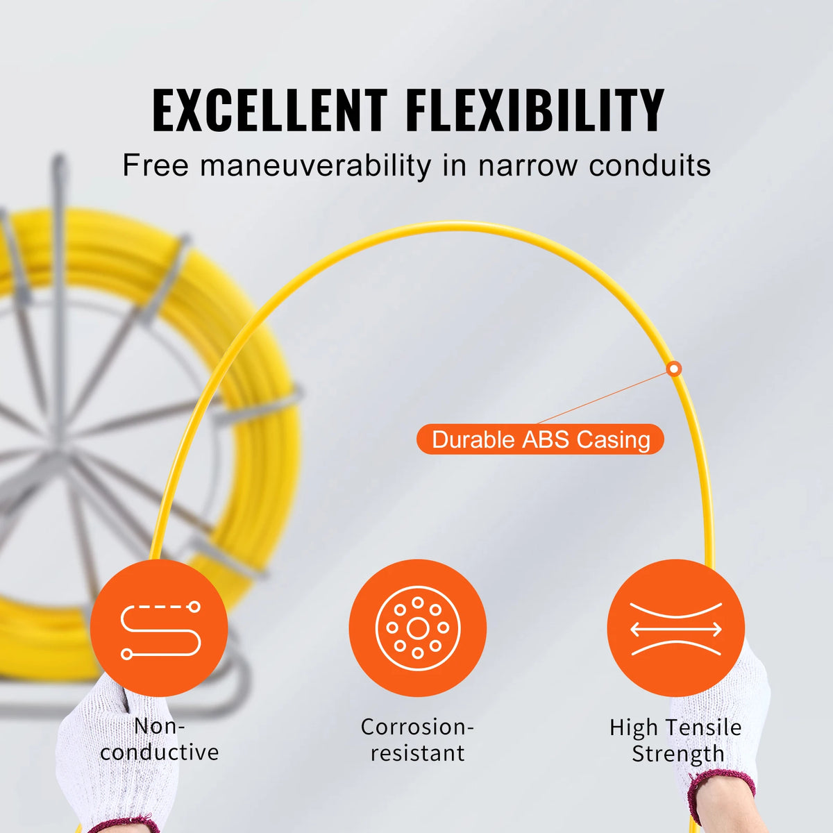 SucceBuy Fish Tape Fiberglass 656ft 5/16in Duct Rodder Wire Puller, Fishing Tools for Walls & Electrical Conduit, Non-Conductive