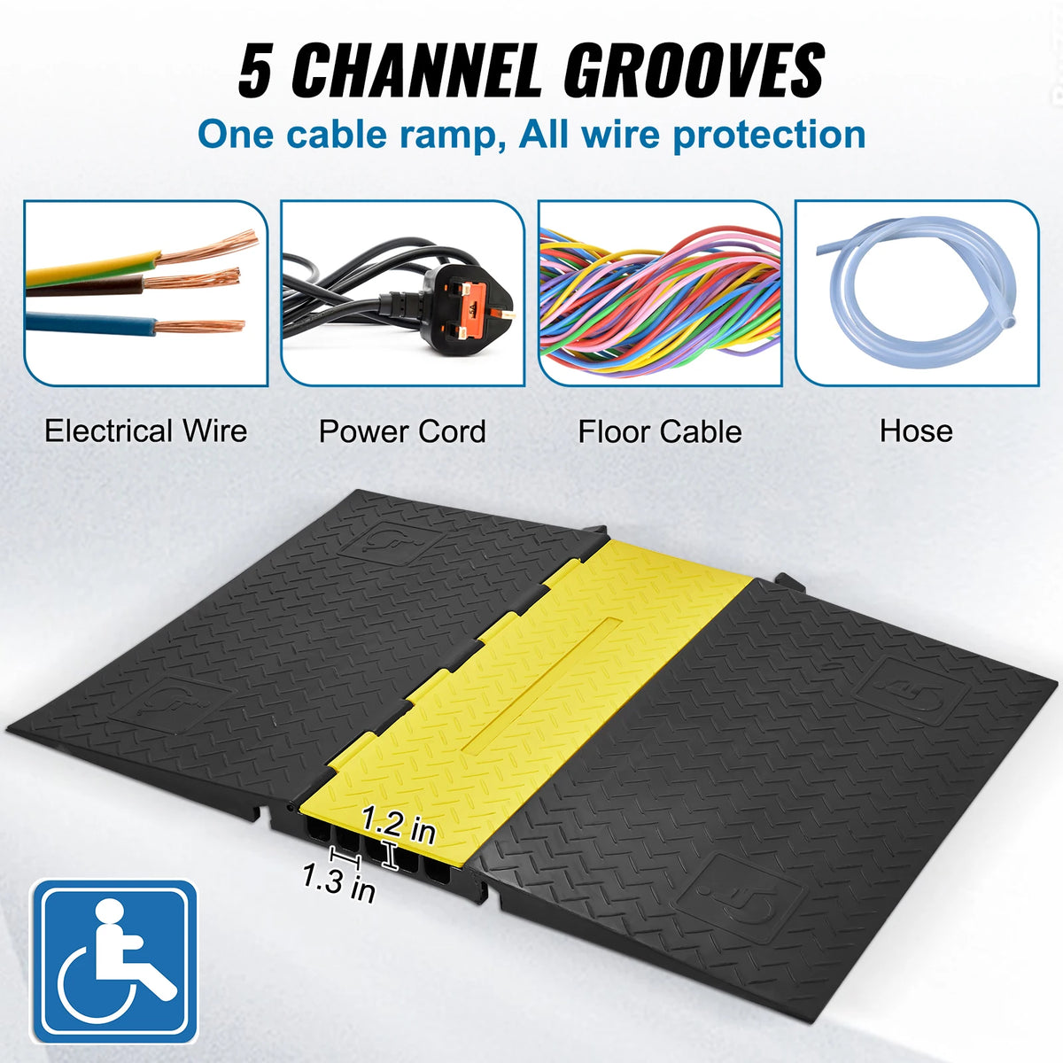 SucceBuy Rubber Cable Protector Ramp 5 Channel 22000 lbs/axle Capacity Heavy Duty Wire Cover Ramp ADA Compliant Indoor&Outdoor