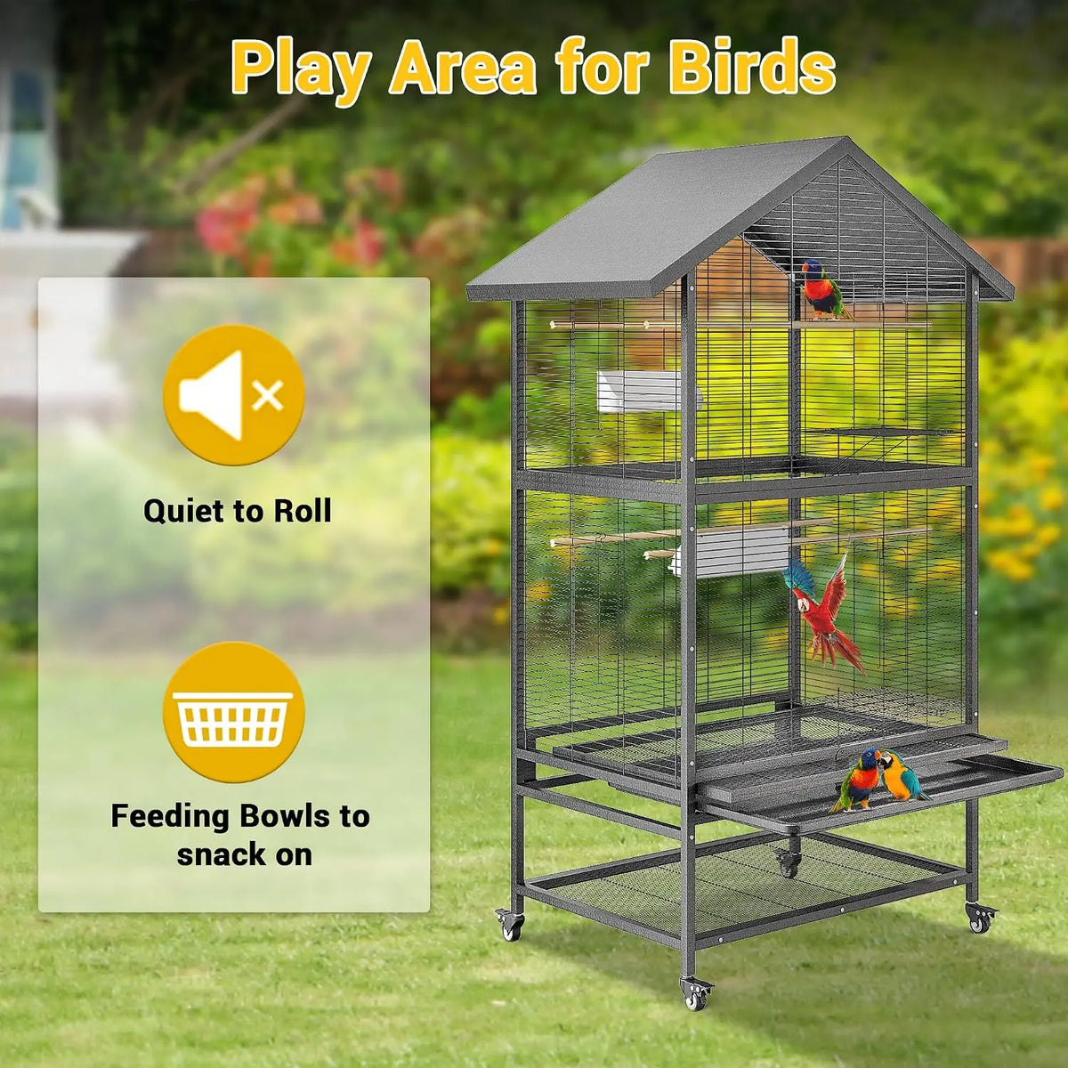 65.7inch Luxury Large Wrought Iron Bird Cage with Rolling Stand, Tray, Feeders, Perches Metal Steel Corner Parrot Canary Aviary Pet House Indoor Outdoor Use