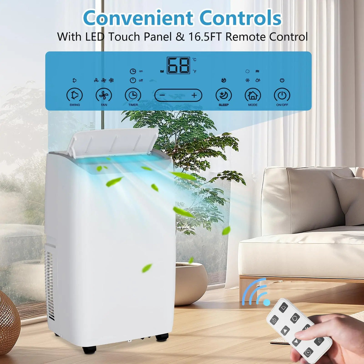 14000 BTU Portable Air Conditioner - 3-in-1 Cooling, Dehumidifier & Fan - Fast Cooling for Rooms up to 750 Sq.Ft - 24H Timer, Auto Swing, Remote Control - Ideal for Home & Office, White