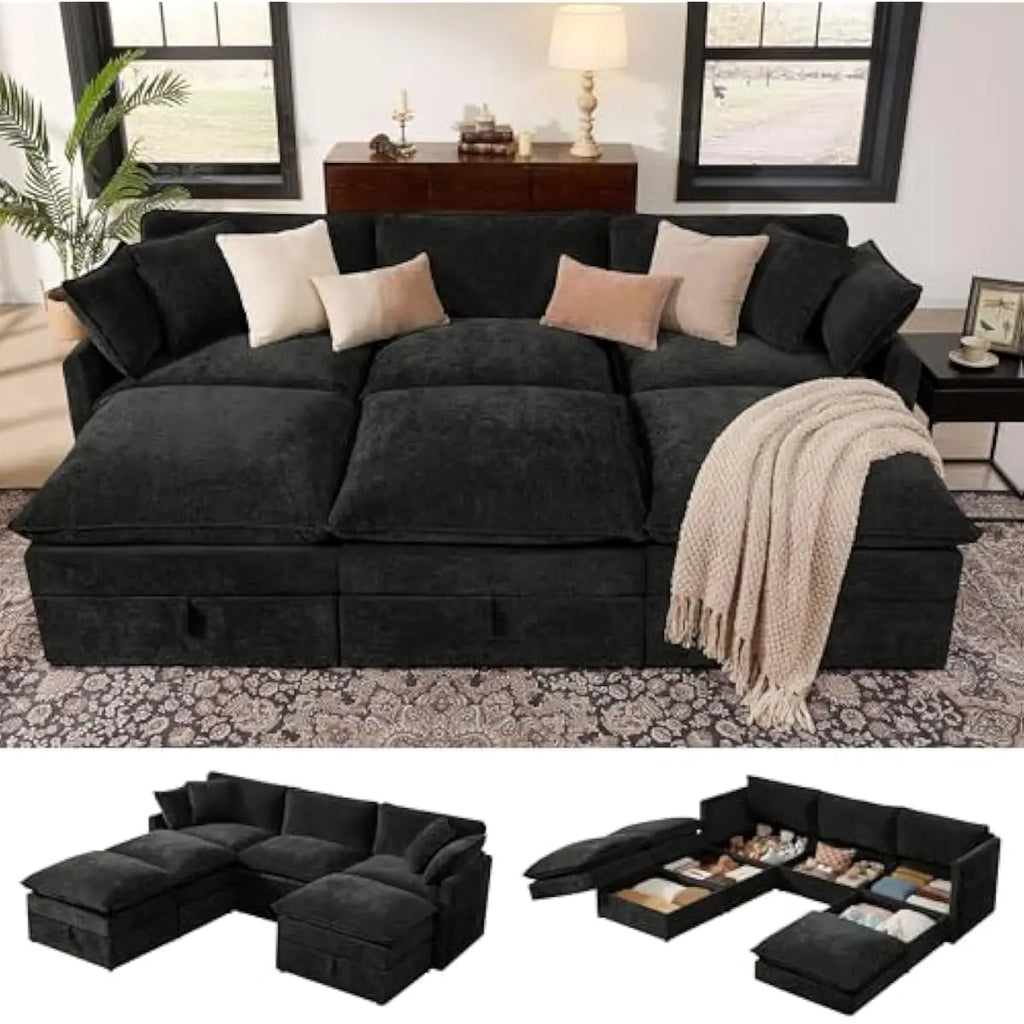 103-inch L-shaped modular sectional sofa with concealed under-seat storage compartments, deep 25-inch chenille seating, dual-lay