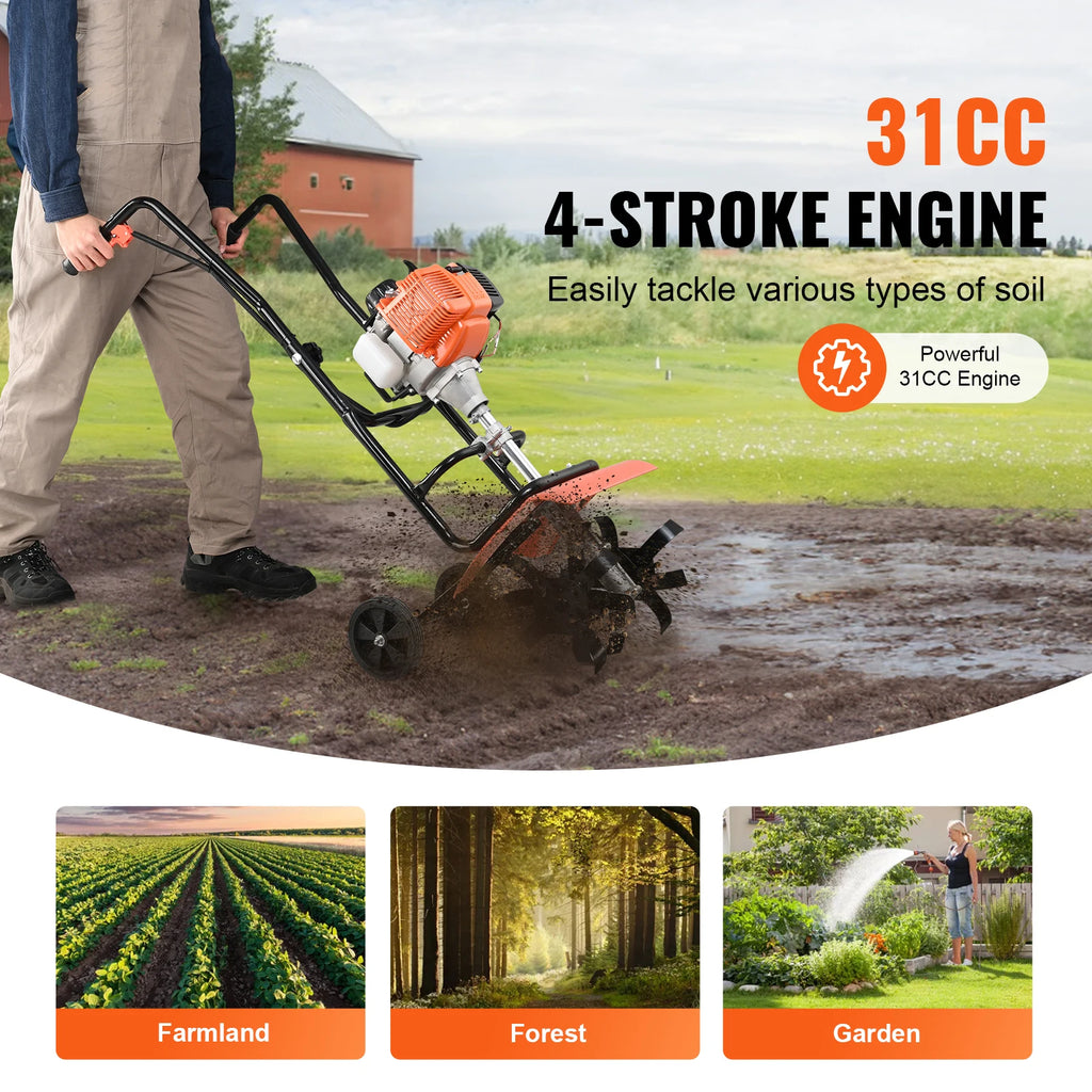SucceBuy Tiller Cultivator Gas Powered 38CC Garden 4 Steel Adjustable Front Tines For Lawn Garden and Field Soil Cultivation