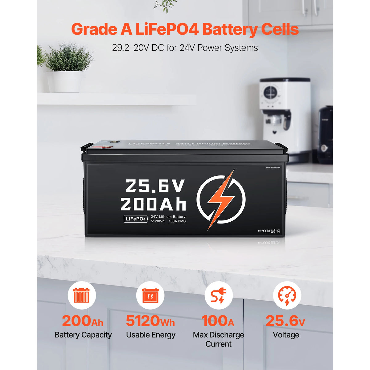 SucceBuy 24V 200Ah LiFePO4 Lithium Battery with Low Temperature Protection Built-in 100A BMS 4000+ Cycles Max. 5120Wh for Camper