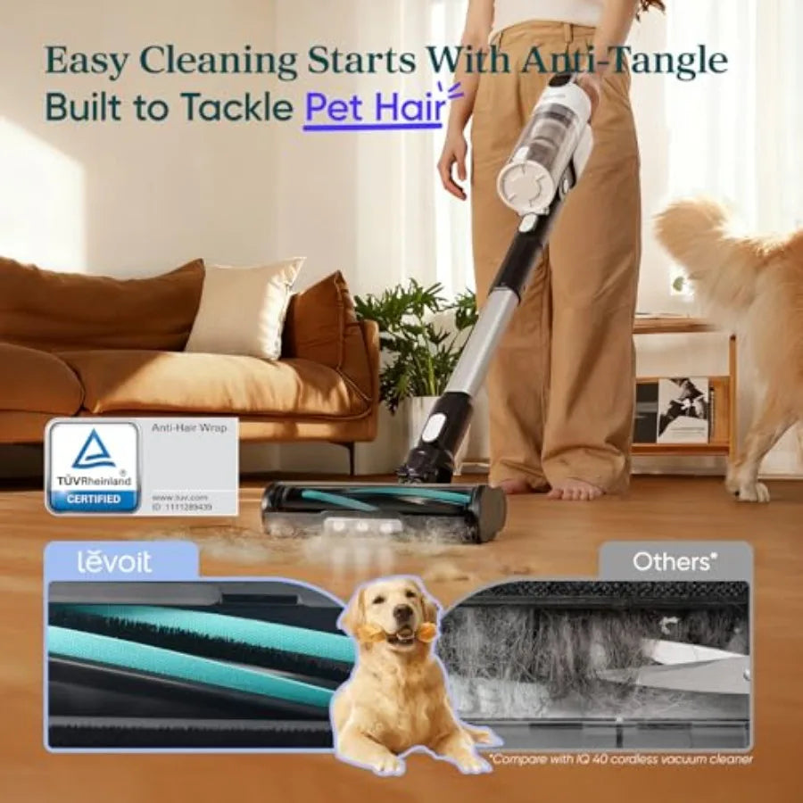 Cordless Vacuum Cleaner for pet hair removal, anti-tangle nylon-brushroll, black-gray, 50-min runtime, 180 lay-flat design, lig