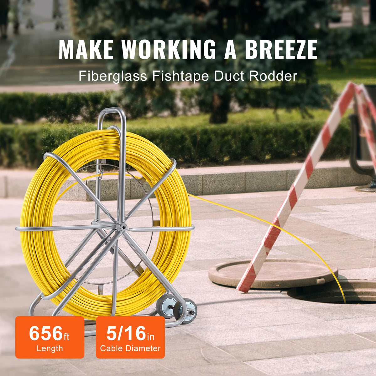 SucceBuy Fish Tape Fiberglass 656ft 5/16in Duct Rodder Wire Puller, Fishing Tools for Walls & Electrical Conduit, Non-Conductive