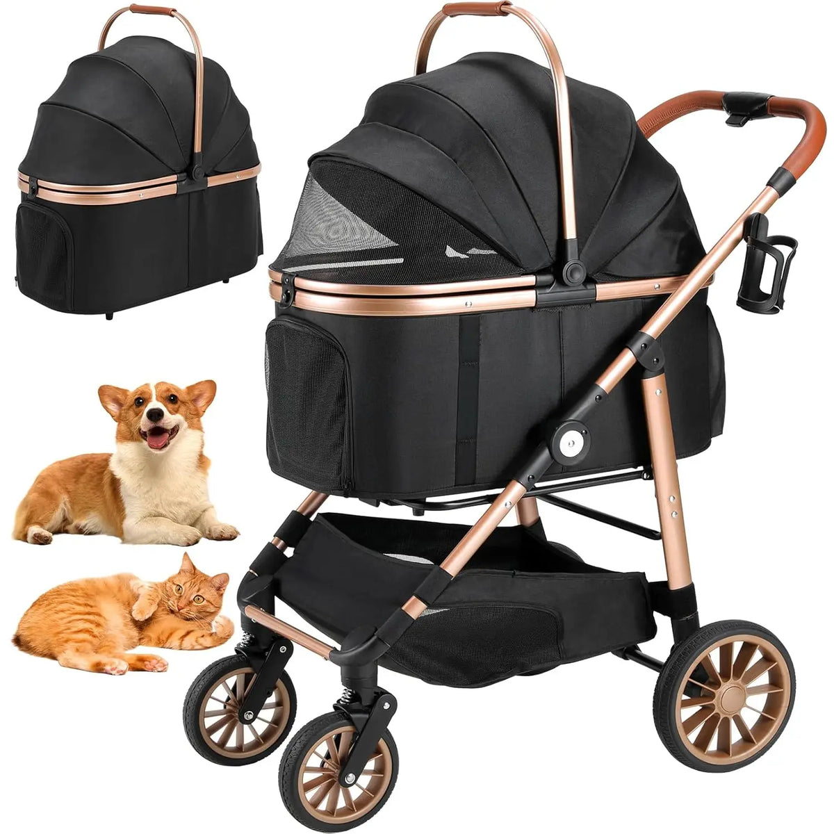 Dog Stroller All-Terrain Pet Stroller with Detachable Carrier One-Click Folding Buggy for Dogs and Cats up to 25kg, 360° Wheels