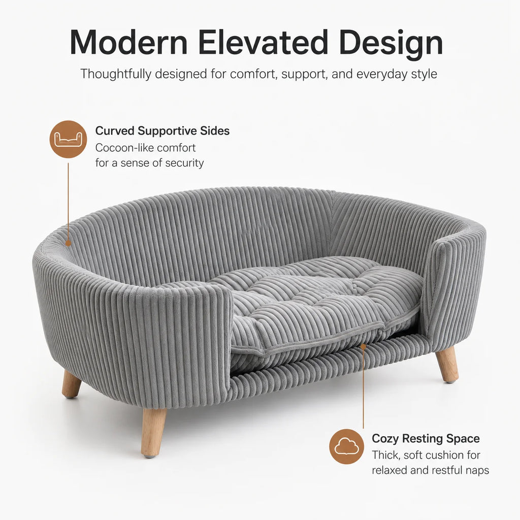 Small Dog Bed Elevated Pet Sofa Corduroy Dog Couch with Cushion Rubber Wood Legs Indoor Bed for Small Dogs Modern Pet Furniture