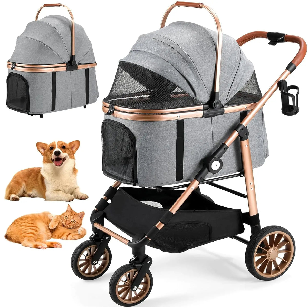 Dog Stroller All-Terrain Pet Stroller with Detachable Carrier One-Click Folding Buggy for Dogs and Cats up to 25kg, 360° Wheels