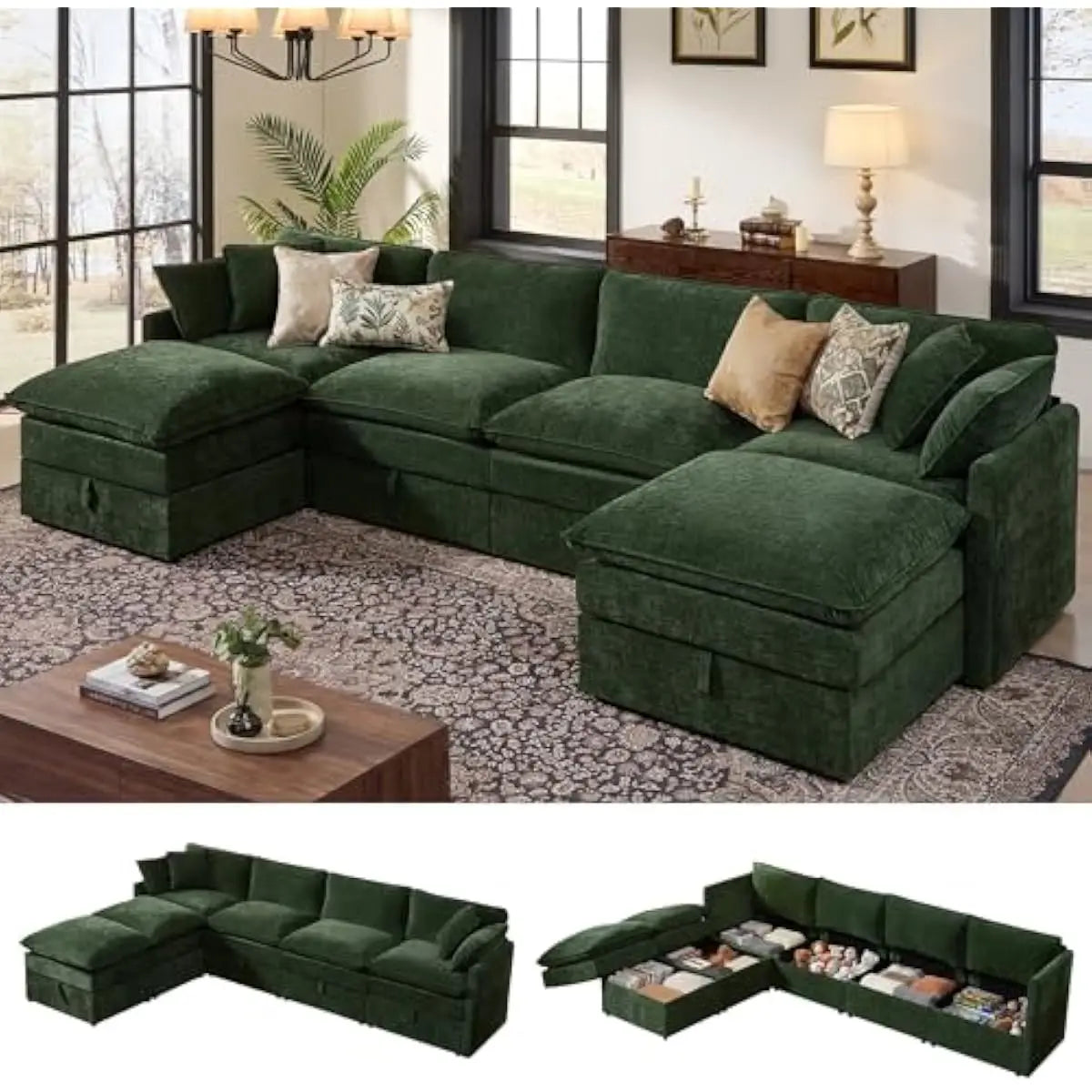 103-inch L-shaped modular sectional sofa with concealed under-seat storage compartments, deep 25-inch chenille seating, dual-lay