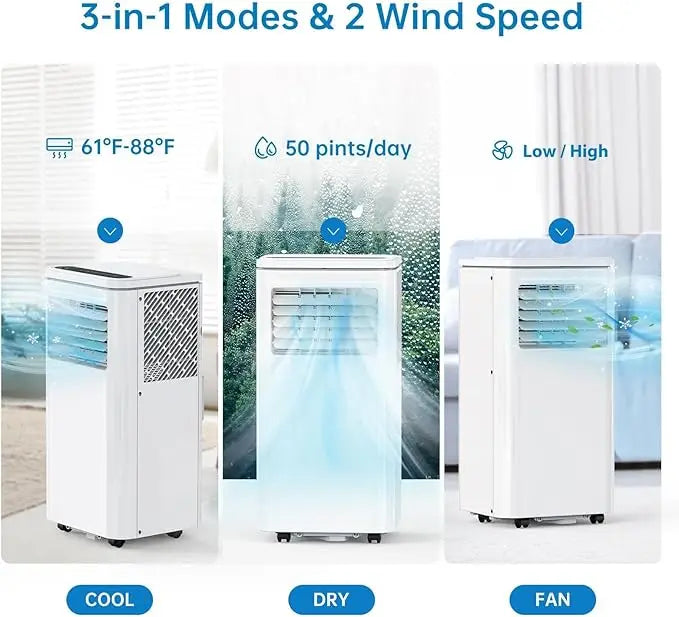 8000 BTU Portable Air Conditioner, 3-in-1 AC Unit with ooling,with Washable Filter,up to 350 sq. ft,2 Fan Speeds, 24H Timer