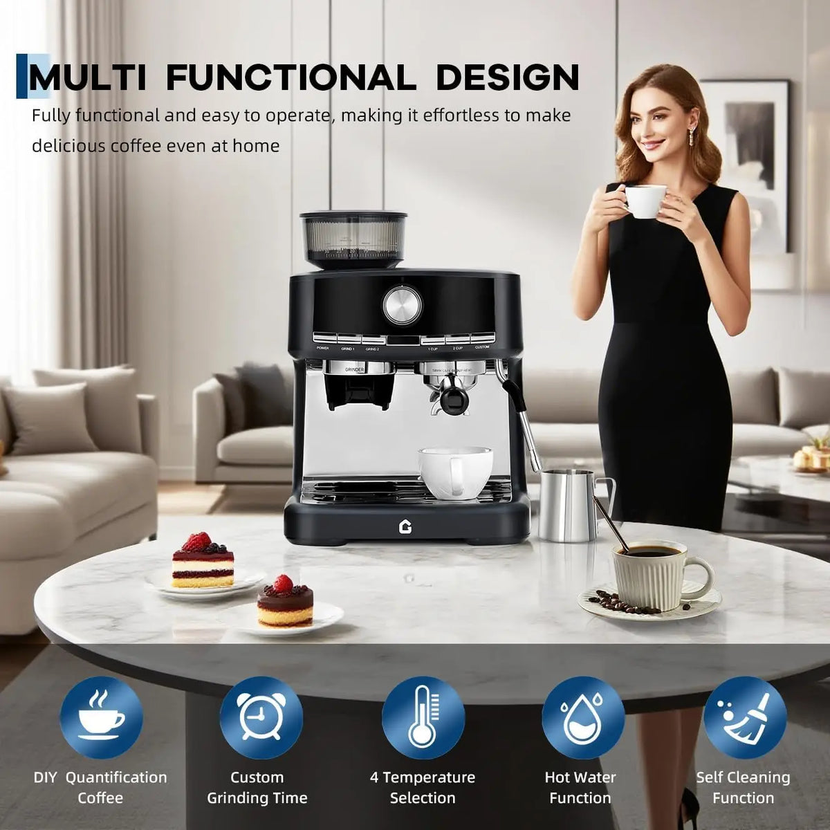 Espresso Machine with Grinder, Italian Semi-Automatic Pressure Coffee Maker with Rich Crema, Compact Lightweight Home Espresso Machine for Cappuccino and Latte