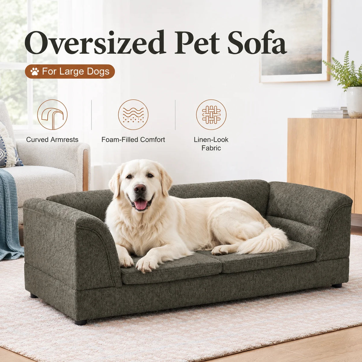 Large Dog Sofa Oversized Pet Couch Dark Gray with Curved Armrests Raised Frame Cushions Indoor Pet Furniture for Dogs and Cats