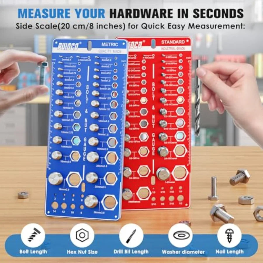 68 Nut and Bolt Thread Checker Standard and Metric, Screw Size and Thread Gauge with 26 SAE and 26 Metric and 16 Drill Bit Gaug