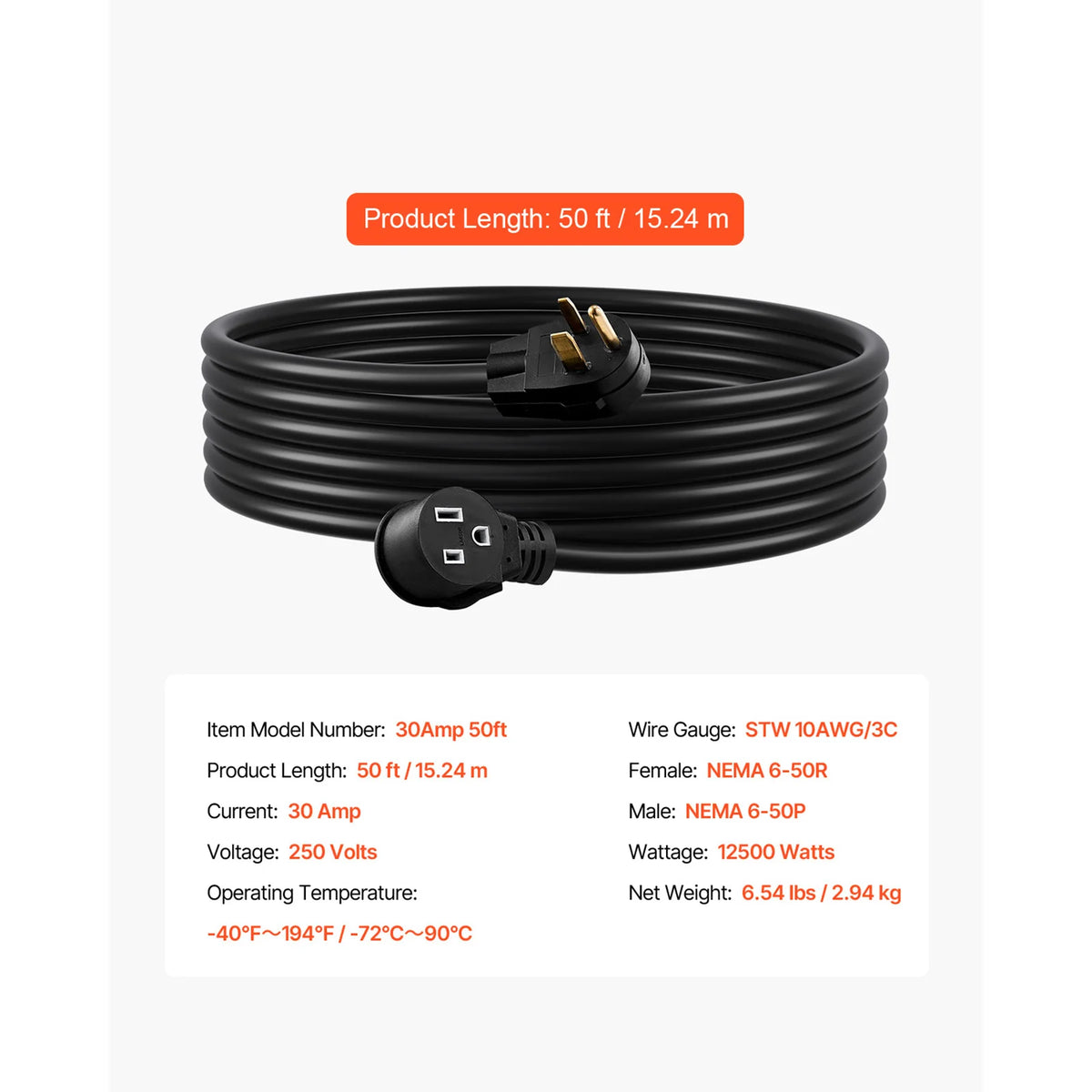 SucceBuy 30-Amp 7500Watts / 50-Amp 12500 Watts Generator Extension Cord 50 Foot 250 Volts Heavy Duty Power Cable, NEMA 6-50P to 6-50R SWT Flexible Welder Extension Cord with Storage Bag for Generators