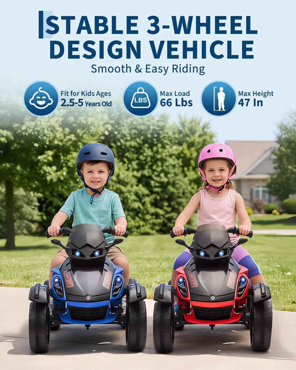 12V Kids Ride On ATV 3 Wheel Electric Motorcycle With LED Lights, Music, Tread Tires, Battery Powered Off Road Toy Ages 3-6