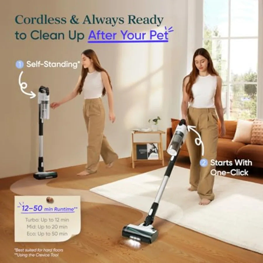 Cordless Vacuum Cleaner for pet hair removal, anti-tangle nylon-brushroll, black-gray, 50-min runtime, 180 lay-flat design, lig