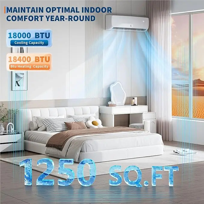 18,000 BTU Split AC/Heating System, 19 SEER2 230V Split-System Air Conditioner with Heat Pump, Pre-Charged Condenser, 1250 sq ft Coverage, Full Function Remote Control & Installation Kit