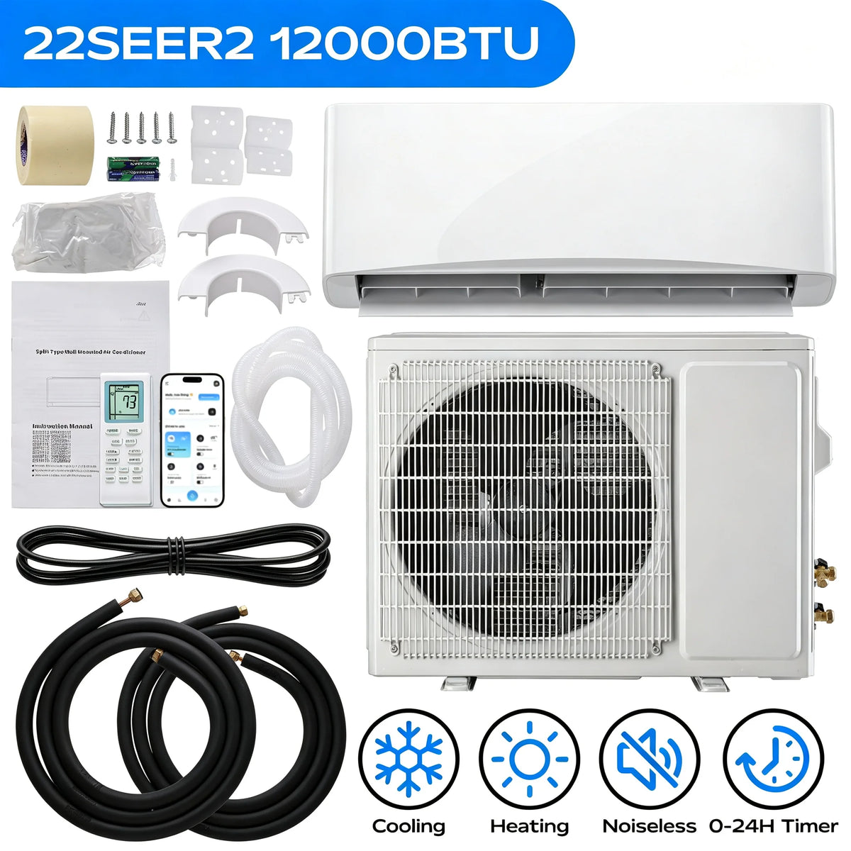 12000 BTU Mini Split Air Conditioner & Heater with Inverter, 22 SEER2 115/230V Energy Saving AC Unit Cools Rooms up to 750 Sq.Ft Remote Control Wifi, Complete Installation Kit