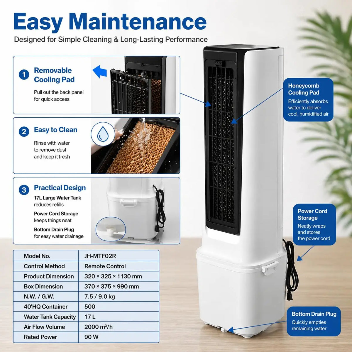 Portable Air Conditioners, 3 in 1 Evaporative Air Cooler, Swamp Cooler Fan with 4.5 gal Water Tank, Remote & Timer, 3 Speeds, Wide 60° Oscillation, Blows Cold Air for Home Office, Workshop and Garage
