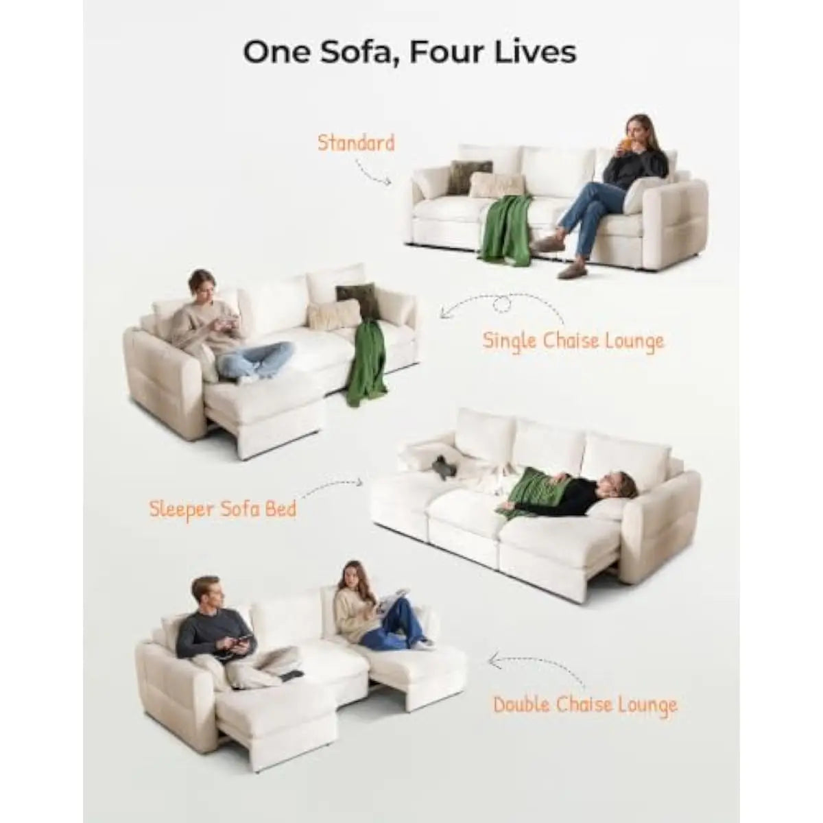 103 Inch Electric Convertible Sofa Bed with One-Touch Remote Control • 3 Adjustable Seating Configurations • 4 Functional Layout
