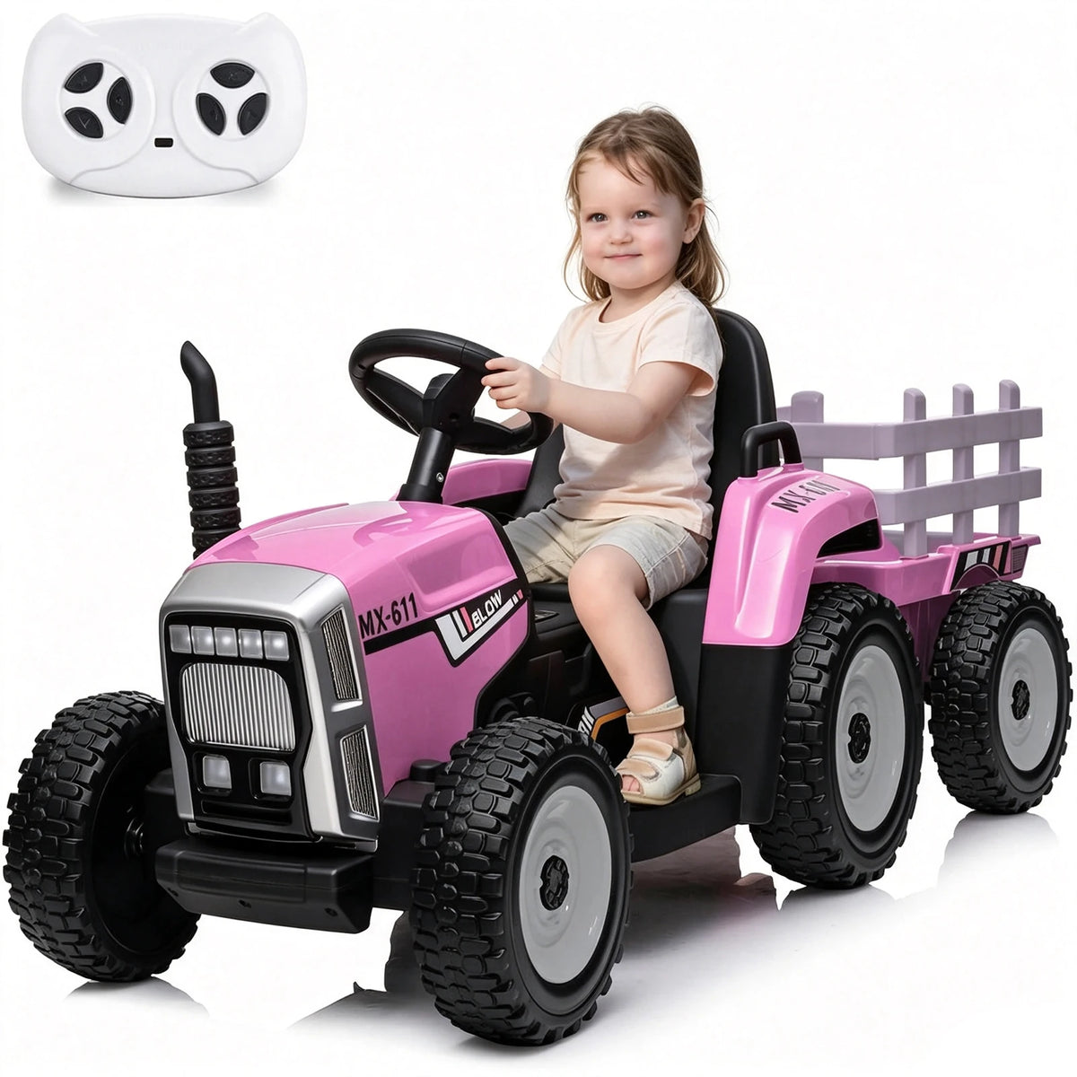 12V Kids Ride On Tractor With Trailer, Parent Remote Control, 35W Motor, EVA Tires, LED Lights, MP3 USB, 5 MPH Electric Car