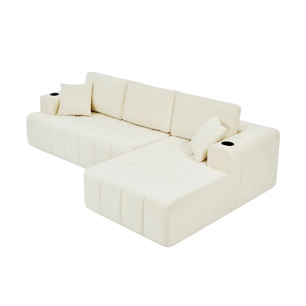 108 Inch L Shaped Boneless Sectional Sofa with Chaise Lounge Cup Holders and Side Storage Pockets Chenille Sofa for Apartment and Home
