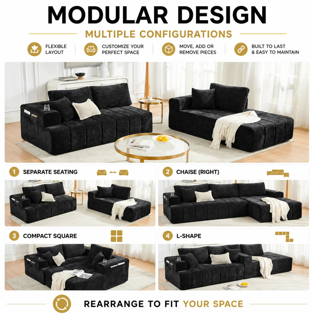 108 Inch L Shaped Boneless Sectional Sofa with Chaise Lounge Cup Holders and Side Storage Pockets Chenille Sofa for Apartment and Home