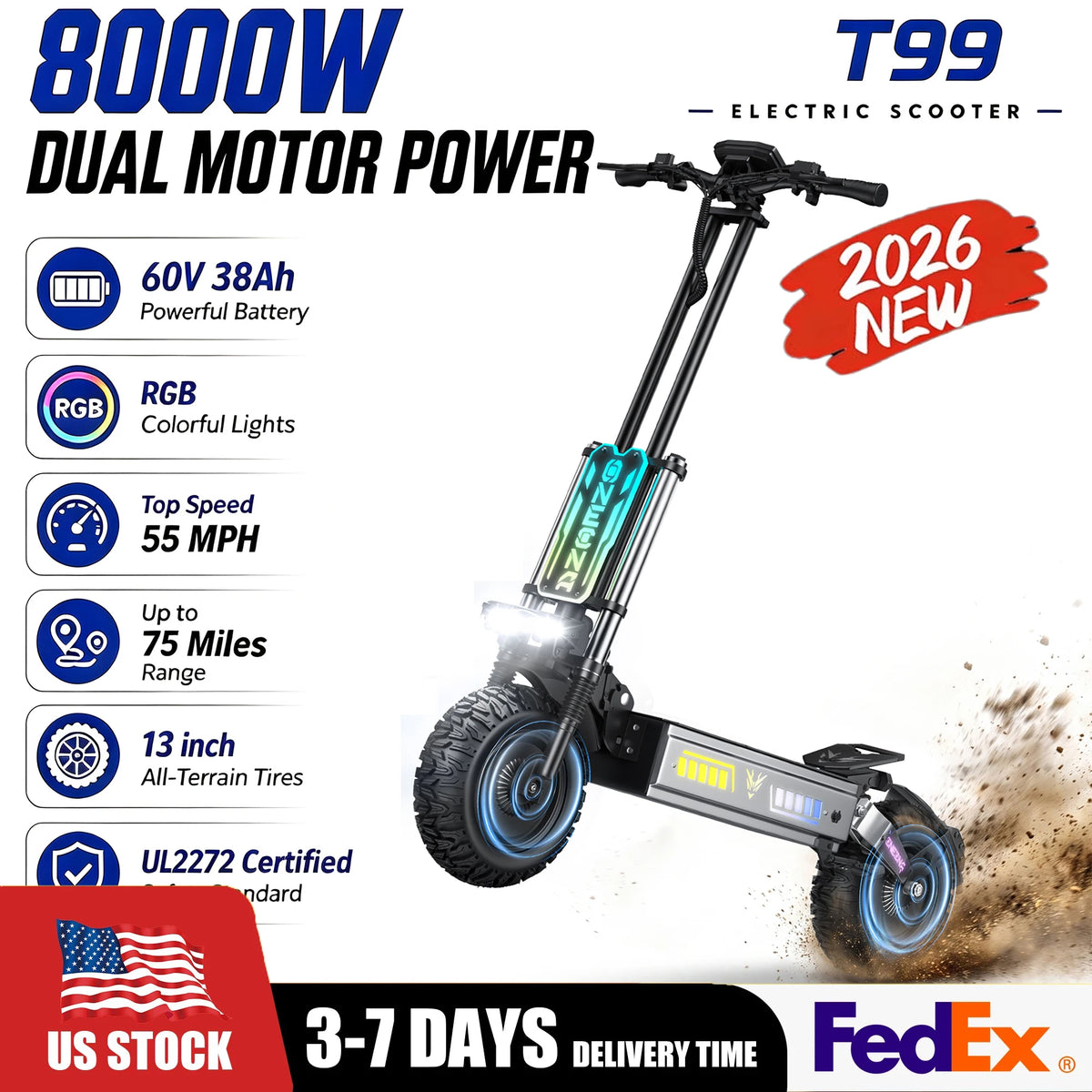 ONECNA T99 8000W Dual Motor Adult Off‑Road Electric Scooter, 60V 38Ah Battery, 55MPH Max Speed, 75 Miles Long Range, All‑Terrain 13" Tires, NFC Card & App Control, Dual Front Rear Suspension UL2272 Certified